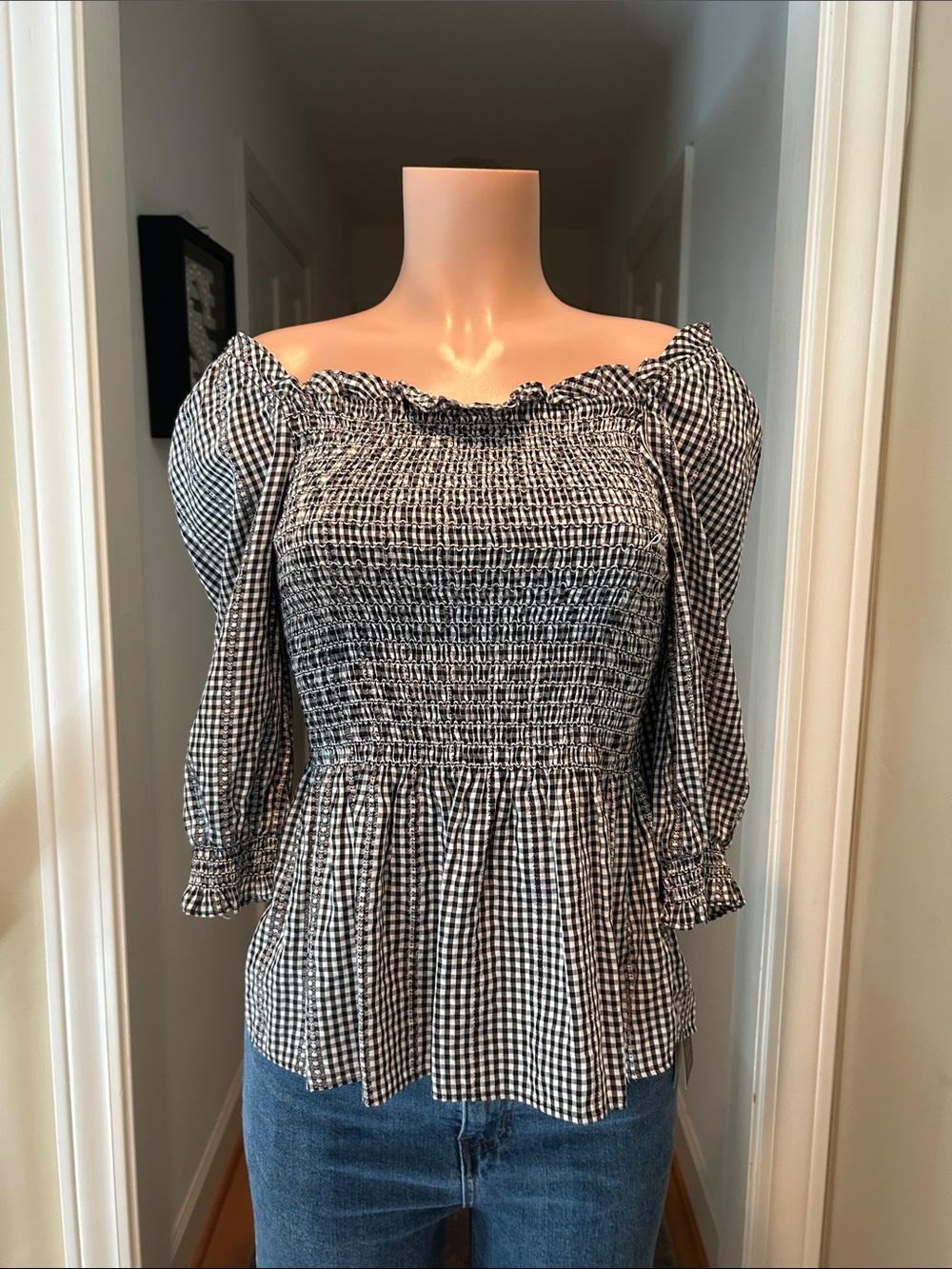 Max Studio Black and White Gingham Smocked Off-Shoulder Peplum Top